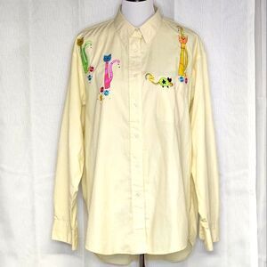 p.g.b. Yellow Pinstripes Embroidered Cats & Mouse Cat Lady Button Front Blouse